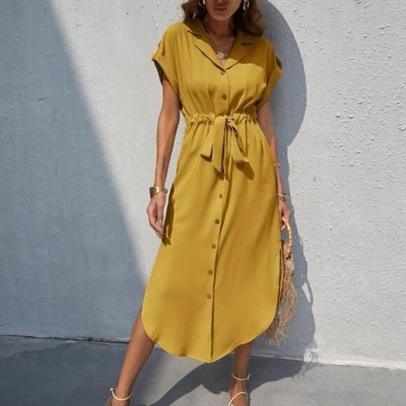 SHEIN Mustard yellow button up belted waist midi shirt dress NWOT small - Picture 1 of 13